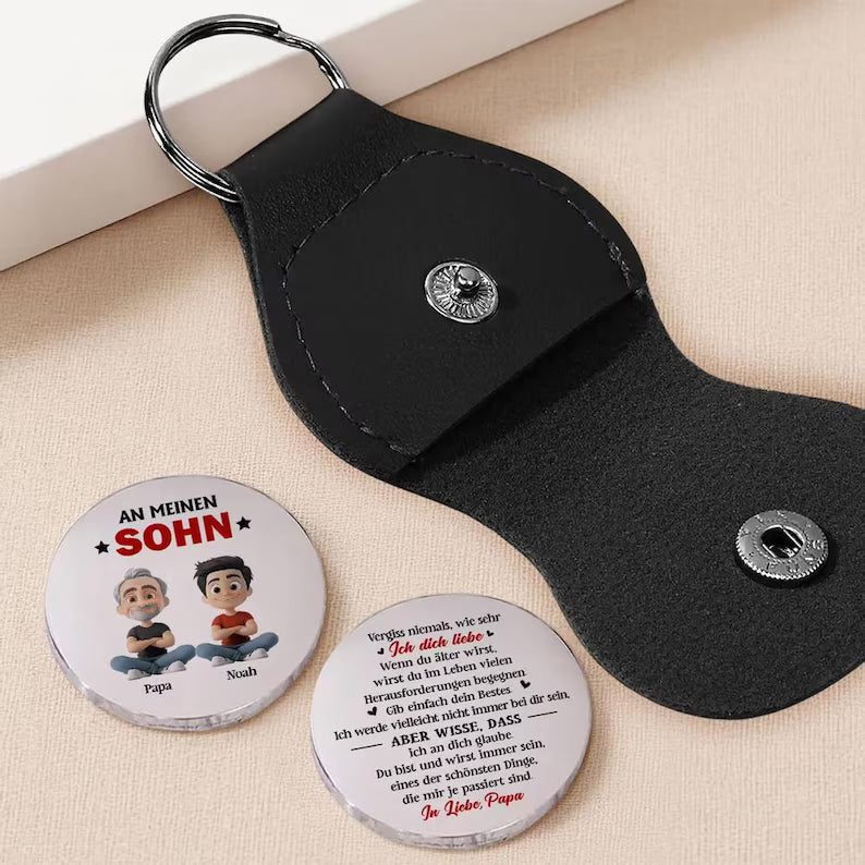 Custom To My Son Pocket Hug Keychain, Sentimental Father's Day Birthday Gift For German Son Dad Him, Support Family Keepsake Pocket Coin
