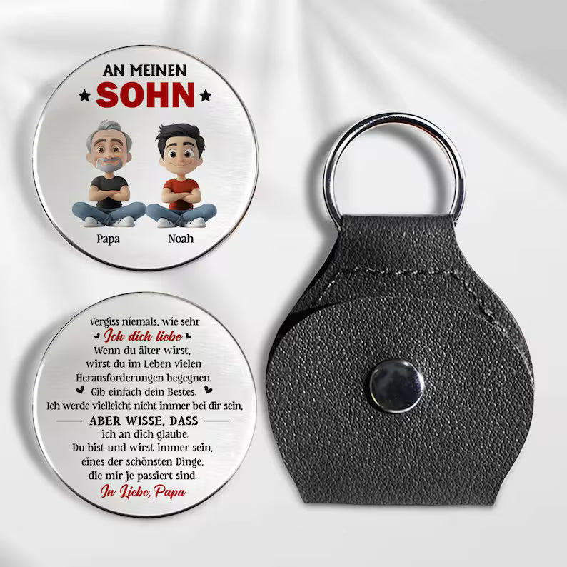 Custom To My Son Pocket Hug Keychain, Sentimental Father's Day Birthday Gift For German Son Dad Him, Support Family Keepsake Pocket Coin